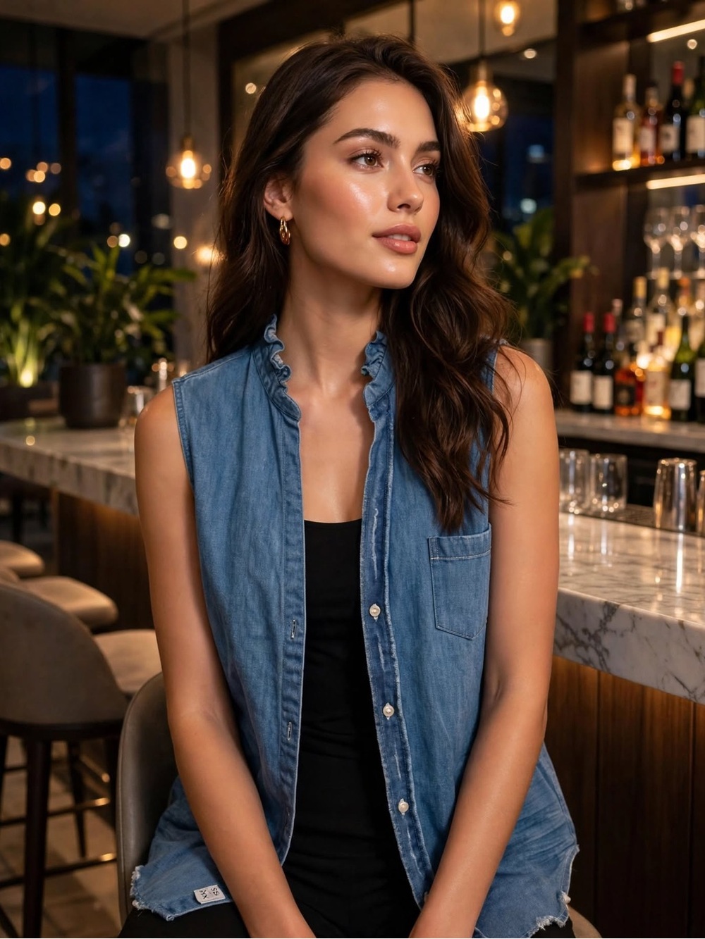 Frank & Eileen Sleeveless Chambray Button-Down Top in Blue